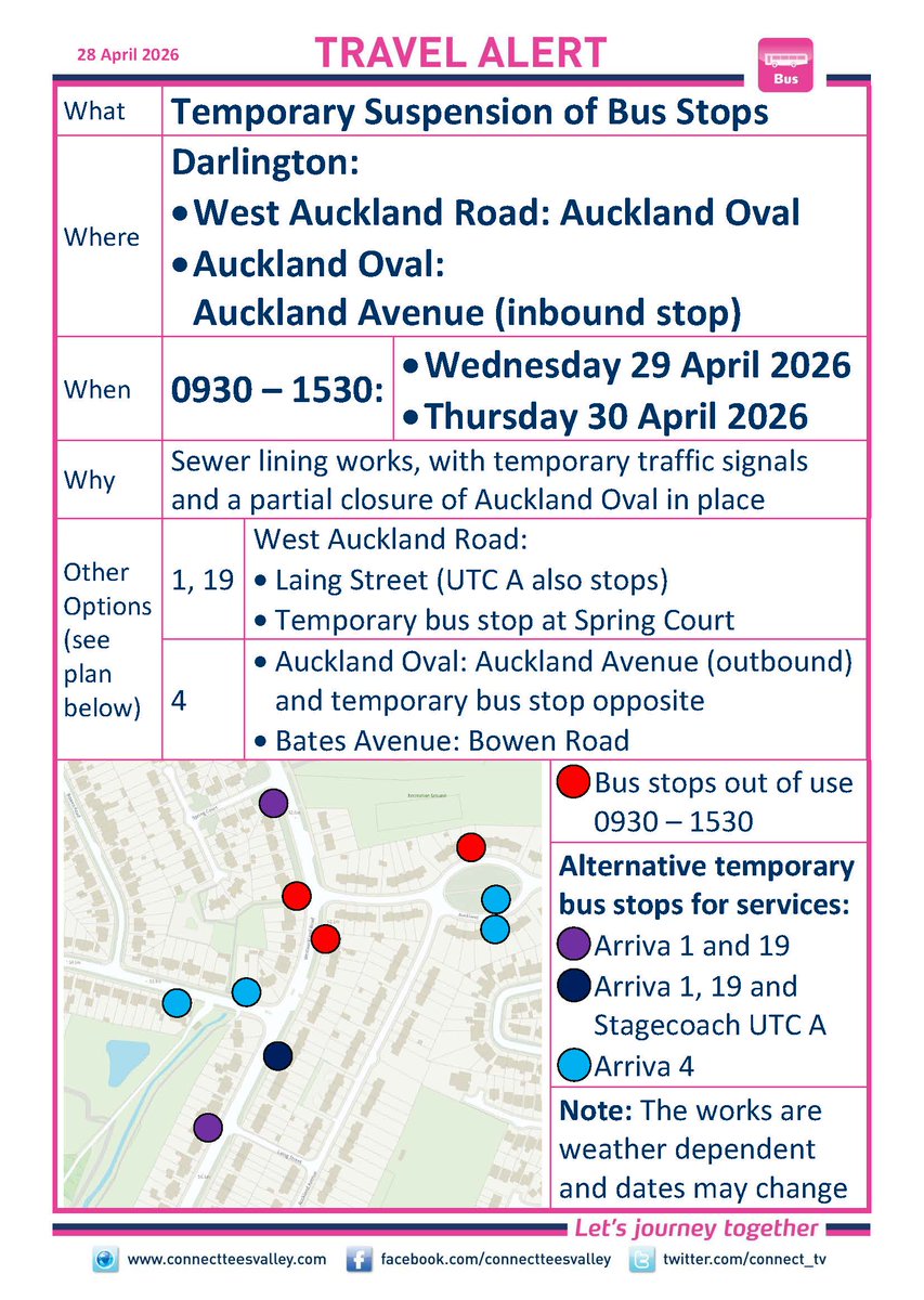 connect_tv's tweet photo. DARLINGTON: W Auckland Rd (Auckland Oval) &amp; Auckland Oval (Auckland Av in) bus stops closed 0930-1530 Wed 29-Thu 30 Apr. Use:
1/19: W Auckland Rd (Laing St &amp; Spring Ct temporary stop)
4: Auckland Oval &amp; Bates Av https://t.co/BeK4pVRJzn @darlingtonbc @arrivanortheast @StagecoachNE https://t.co/fCWdAXywHy