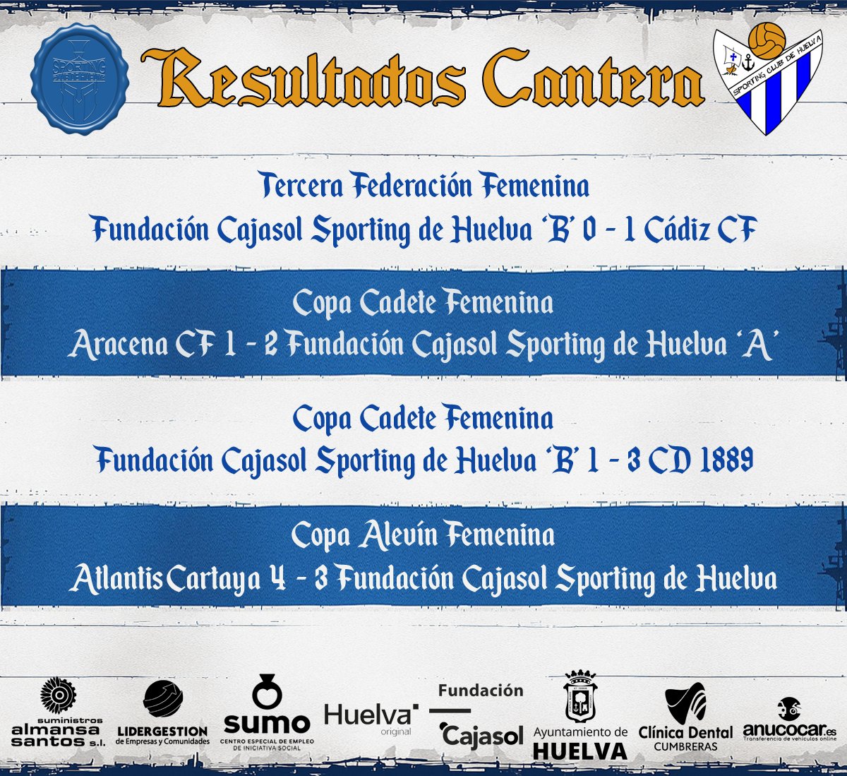 📊⚽ Resultados cantera

Estos han sido los resultados de nuestra cantera este fin de semana 💙🤍
