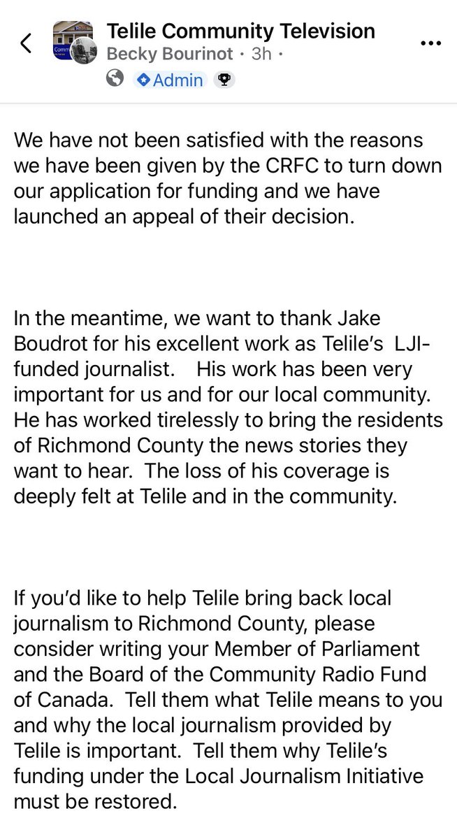 JakeBoudrot's tweet photo. Found out on Tuesday that I no longer had a job after Friday; it was devastating. I loved telling the stories of my community on #Telile but for whatever reason, the #CCRF decided not to renew funding. You can voice your concerns to: info@crfc-fcrc.ca or Jaime.Battiste@parl.gc.ca https://t.co/ZurZhSKnBG