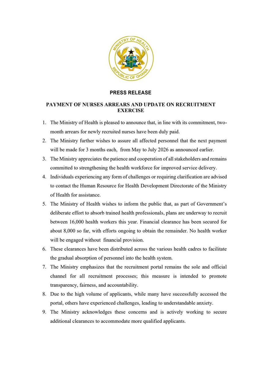 Payment of nurses arrears and update on recruitment exercise