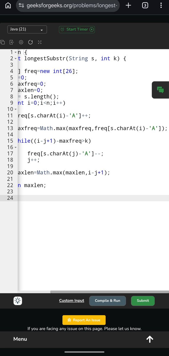 Pratikshak19332's tweet photo. 🎉 594 days @geeksforgeeks 💻
Today’s approach:
Sliding Window + Frequency Count
→ Track window with 2 pointers
→ Maintain max occurring char
→ Shrink when replacements > k
→ Keep updating max length
O(n) clean solution 🚀
#Day594 #POTD #GeeksforGeeks #DSA #CodingJourney https://t.co/xLTowqFA5g