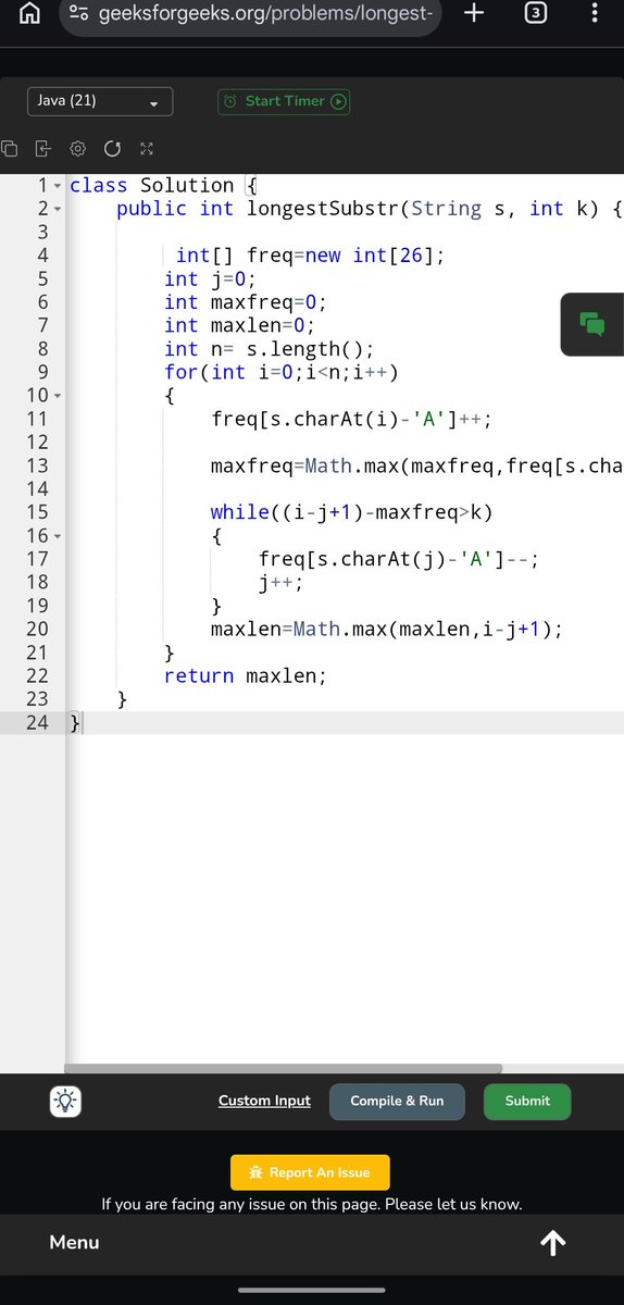 Pratikshak19332's tweet photo. 🎉 594 days @geeksforgeeks 💻
Today’s approach:
Sliding Window + Frequency Count
→ Track window with 2 pointers
→ Maintain max occurring char
→ Shrink when replacements > k
→ Keep updating max length
O(n) clean solution 🚀
#Day594 #POTD #GeeksforGeeks #DSA #CodingJourney https://t.co/xLTowqFA5g