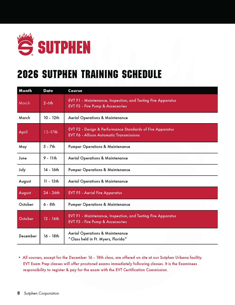 Sutphenfire's tweet photo. Looking to expand your Sutphen technical knowledge? Your EVT capabilities? Look no further than Sutphen's 2026 course offerings.

With classes ranging from beginner to advanced, check out the link below or contact Sutphen directly for more information.

https://t.co/Ljr53Zbkjz https://t.co/2ujMlj5VRG