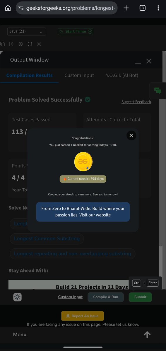 Pratikshak19332's tweet photo. 🎉 594 days @geeksforgeeks 💻
Today’s approach:
Sliding Window + Frequency Count
→ Track window with 2 pointers
→ Maintain max occurring char
→ Shrink when replacements > k
→ Keep updating max length
O(n) clean solution 🚀
#Day594 #POTD #GeeksforGeeks #DSA #CodingJourney https://t.co/xLTowqFA5g