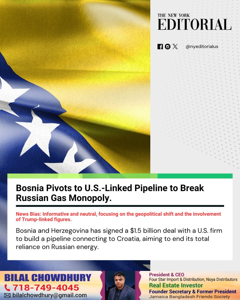nyeditorialus's tweet image. Bosnia signs a landmark $1.5B deal for the "Southern Interconnection" pipeline! 🇧🇦🇭🇷 Linked to U.S. interests, the project aims to replace Russian gas with U.S. LNG by 2027, despite EU transparency concerns. ⛽️🇺🇸

Read more on our Website.

#Bosnia #Energy #Geopolitics