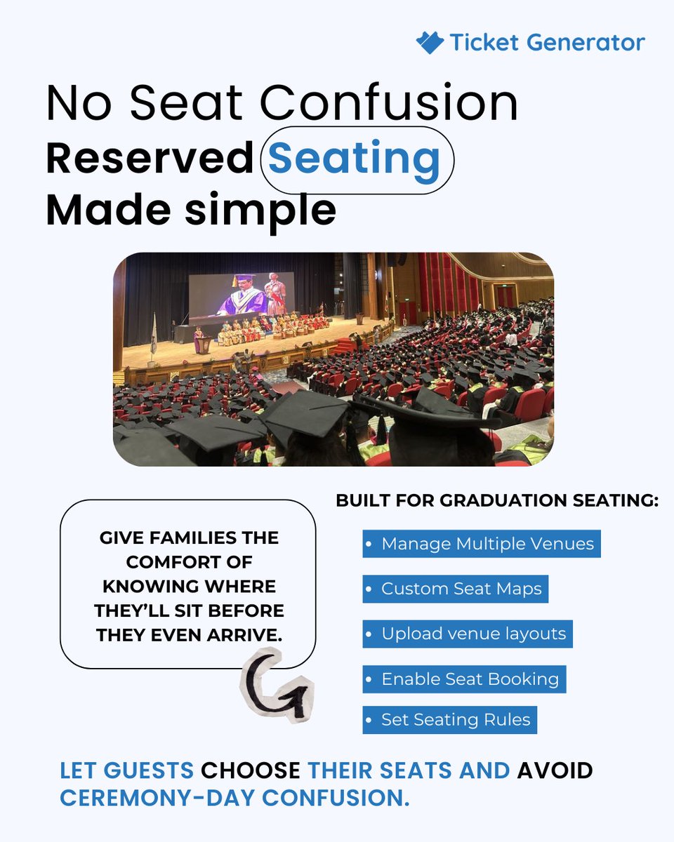 tkt_generator's tweet image. Graduation ceremonies should feel smooth, not like seat-hunting &amp;amp; confusion.
Reserved seating =
• Families sit together
• Faster entry
• Premium experience
Small details → big moments.
Simplify it: ticket-generator.com/reserved-seati…
#Graduation #EventPlanning #EventTech