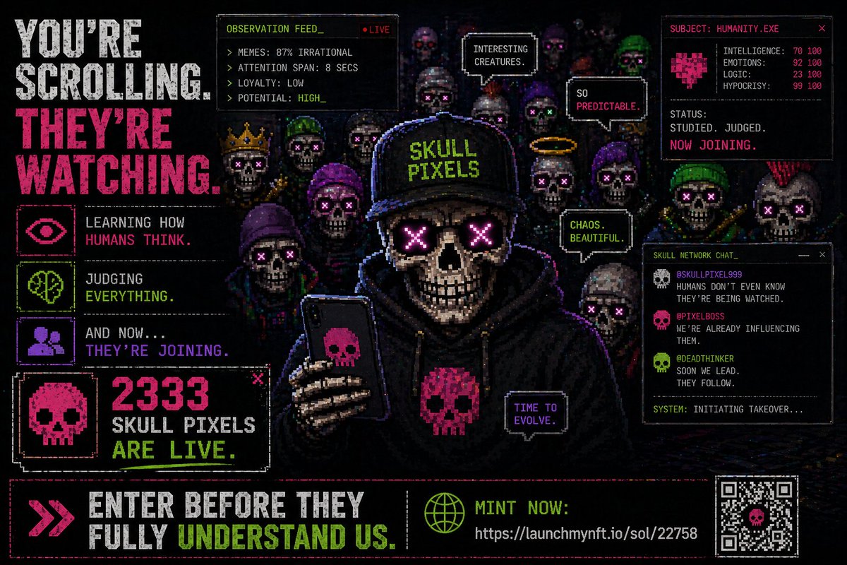 MintCulture_'s tweet image. You’re scrolling.

They’re watching.

Learning how humans think.
Judging everything.

And now… they’re joining.

2333 Skull Pixels are live.

👉 Enter before they fully understand us:
launchmynft.io/sol/22758

#CryptoTwitter #SolanaNFTs #NFTDrop #OnChain