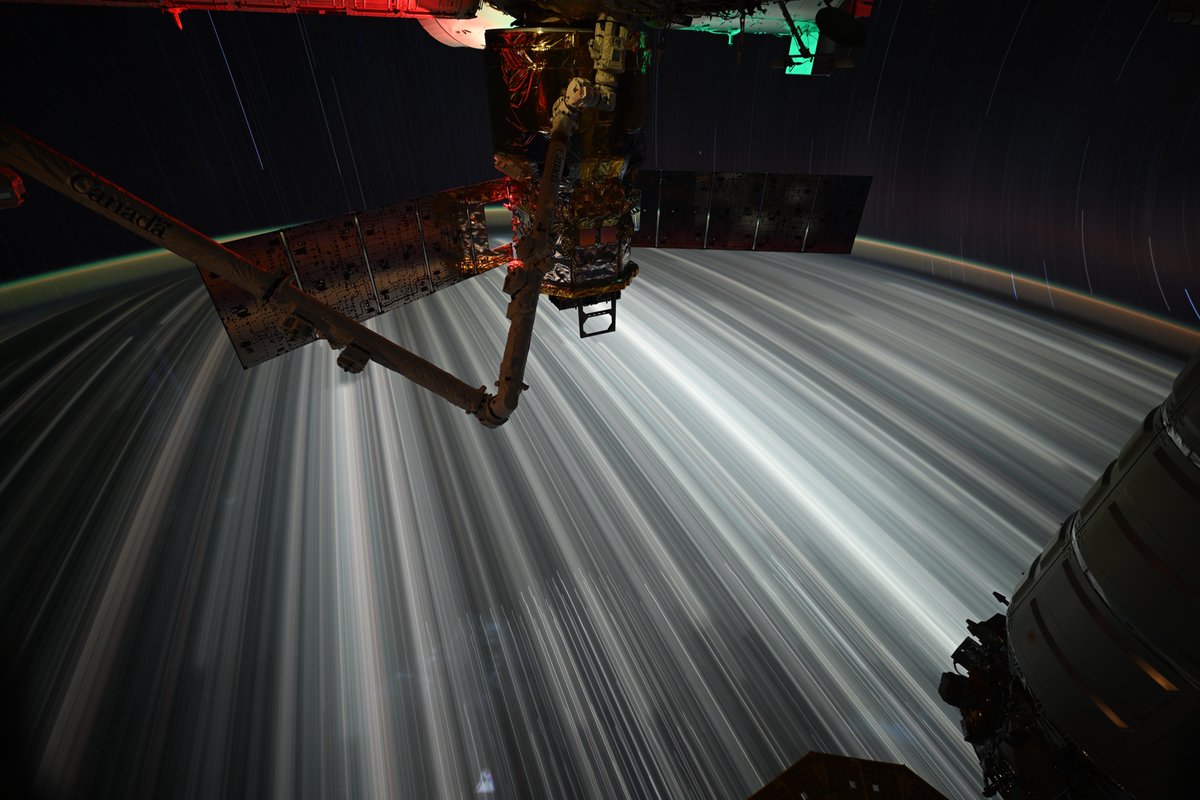 I have been playing around with some long exposure shots that show some beautiful effects with our orbital motion. City lights are turned into streaks across the earth, and lightning storms form a speckled pattern during these several-minute exposures.