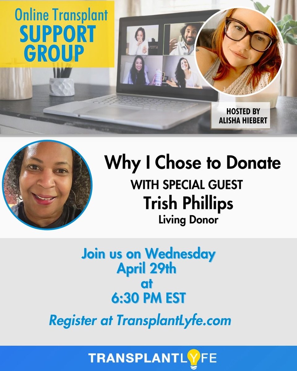 Lyfebulb's tweet photo. Join us for our virtual Support Group:

🗓️ Wednesday, April 29th
🕠 6:30 PM EDT

Register: https://t.co/HIEOtn1QOd

#Transplant #DonateLifeMonth https://t.co/z2kChhq6Ah