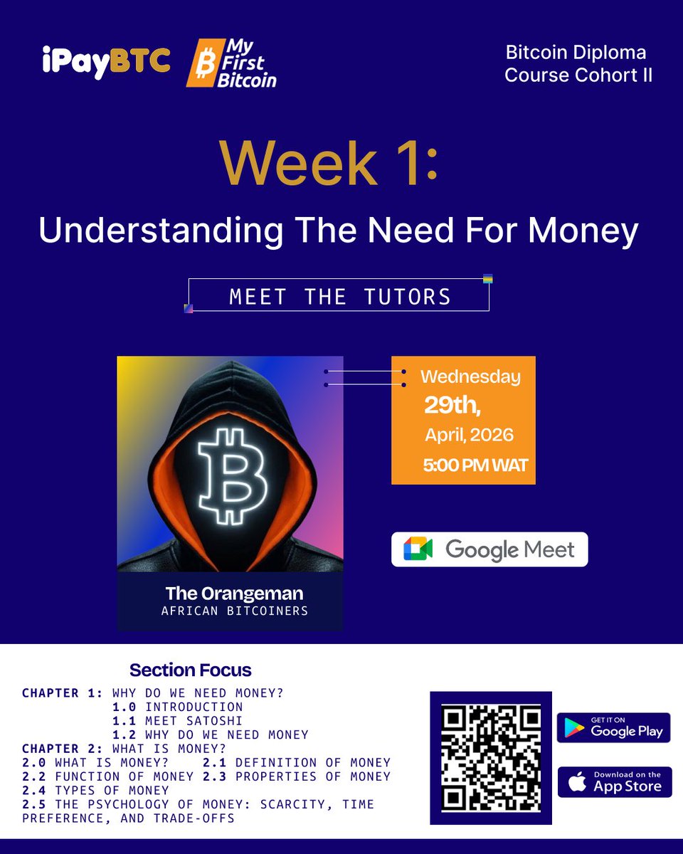 BitcoinOnCampus's tweet image. Want to understand Bitcoin? Start with money 
Join Week 1 of the iPayBTC Bitcoin Diploma Live Session with @JJ_the_creator 
He will be breaking down what money is, why it exists &amp;amp; its role in society.
#Bitcoin #BitcoinEducation #FinancialLiteracy #iPayBTC