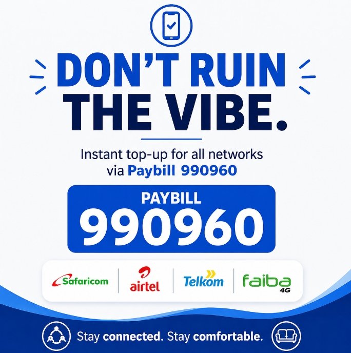 RobjunLimited's tweet image. Network slow.
Bundles finished.
That’s when you realize… convenience matters.
Top up any line in seconds:
Safaricom. Airtel. Telkom. Faiba.
One Paybill: 990960
No stress. Just airtime.

#airtime #Telkom #Airtel #Faiba #Safaricom #Calls
