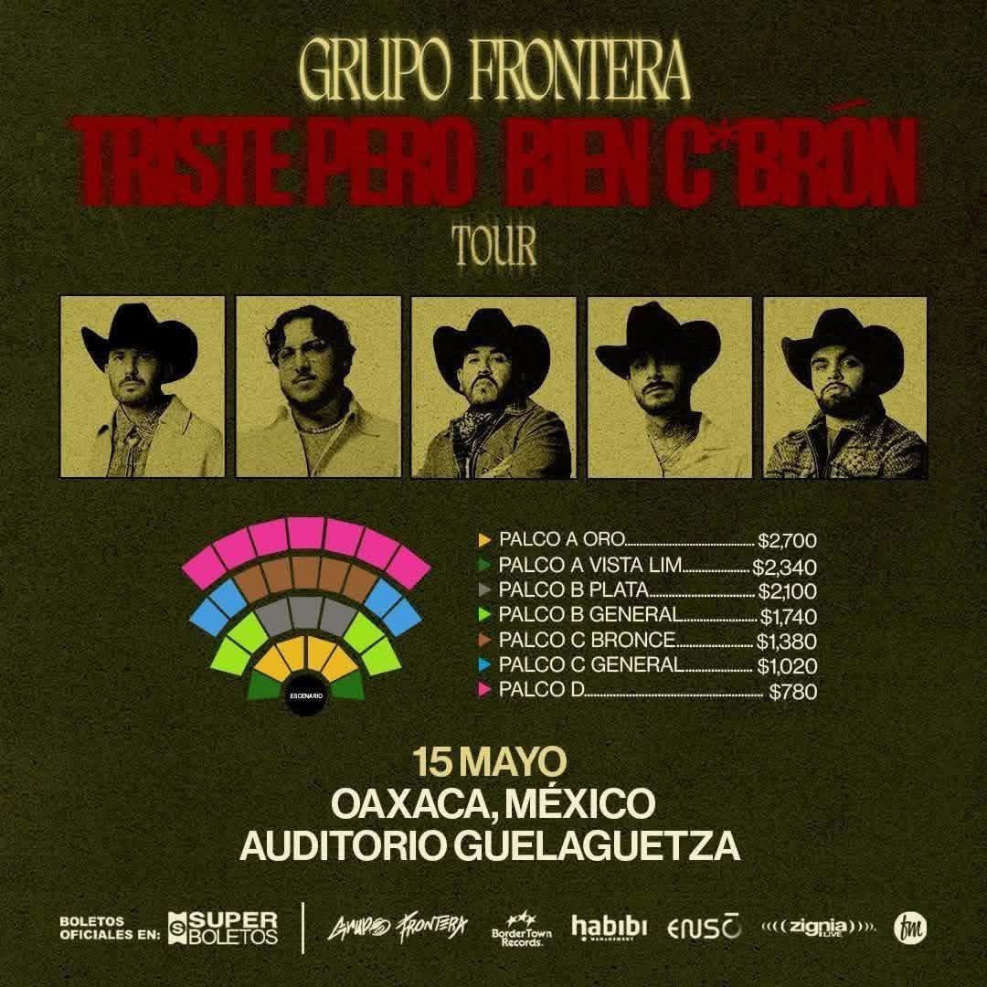DelValleNot's tweet image. #Oaxaca, ¿listos para cantar las canciones de Grupo Frontera? La agrupación llega tras una pausa histórica con “Triste Pero Bien C*brón Tour”, ¡y promete ser legendario!

🗓️ 15 de mayo
📍Auditorio Guelaguetza

🎟️ Adquiere tus boletos
🔗 acortar.link/wl6DN4