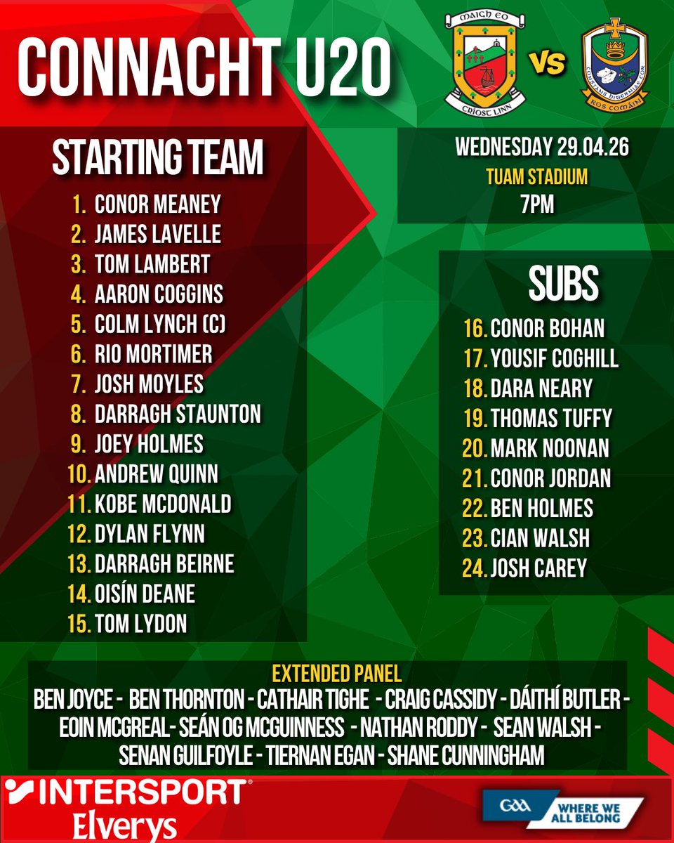 MayoGAA's tweet image. 🔴🟢 Mayo Team Announcement 🟢🔴

Here is the Mayo squad to face Roscommon tomorrow evening in Tuam. 

𝗧𝗶𝗰𝗸𝗲𝘁𝘀 𝗺𝘂𝘀𝘁 𝗯𝗲 𝗽𝘂𝗿𝗰𝗵𝗮𝘀𝗲𝗱 𝗶𝗻 𝗮𝗱𝘃𝗮𝗻𝗰𝗲. Be there to support the lads.

🎟️ universe.com/users/connacht…

#mayogaa #gaa
