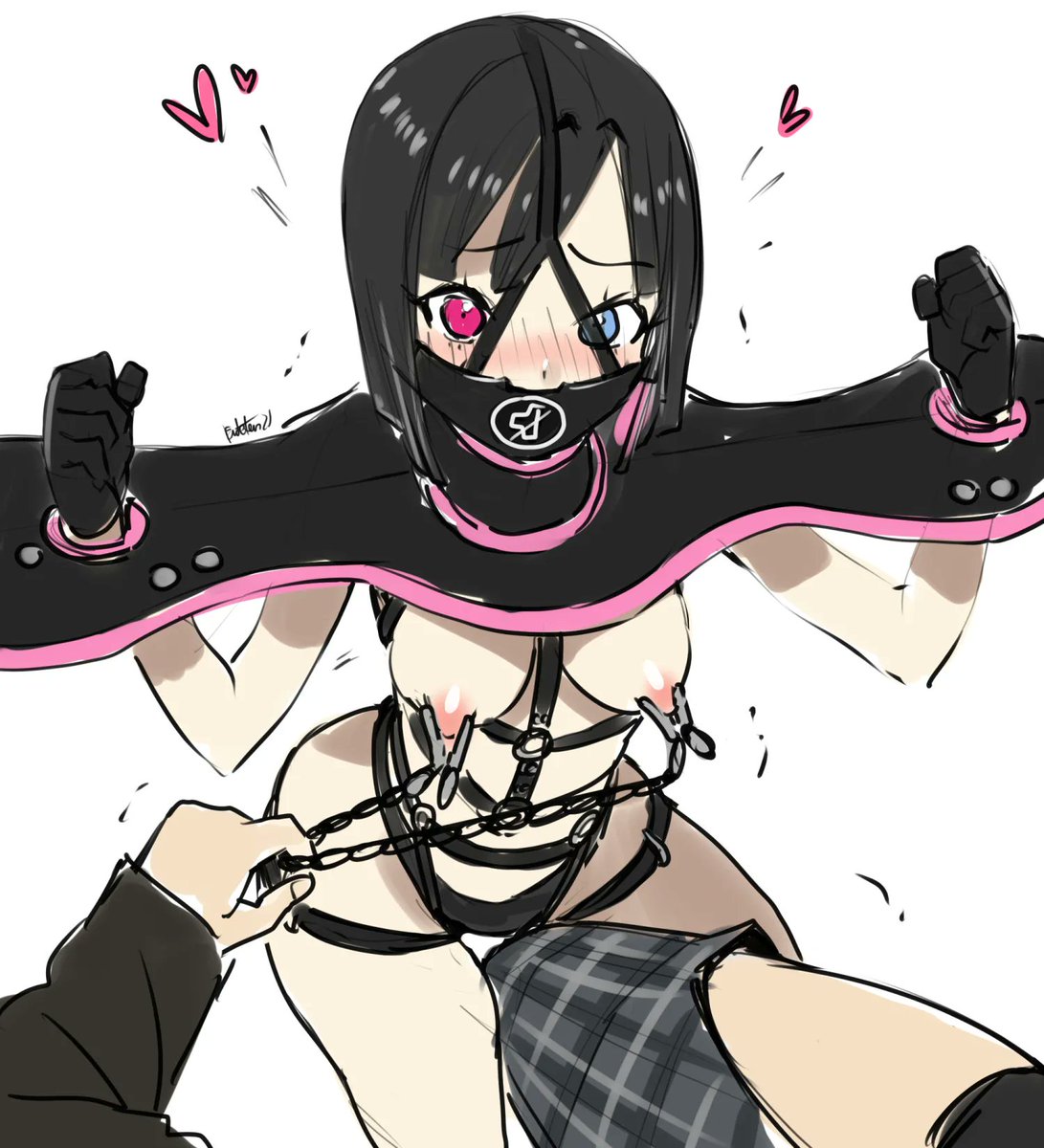 Even Dandy can eventually be brat tamed when stuck in a pillory and plugged muzzle gag.

Now Ava is enjoying seeing the needy girl hump her leg while she pulls on her clamps.

Art by the amazing Eudetenis:
picarto.tv/eudetenis