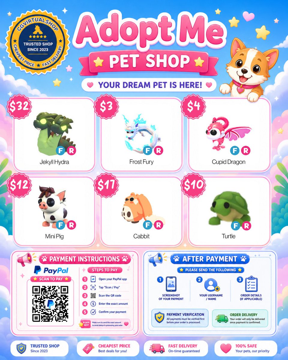 AdoptmeStore's tweet photo. Hello everyone! 🐾 Another set of Fly Ride pets available at super affordable prices some of the cheapest you’ll find! 🔥

1 FR Jekyll Hydra 🐍
3 FR Frost Fury ❄️
3 FR Cupid Dragon 💘
1 FR Mini Pig 🐷
1 FR Cabbit 🐰
2 FR Turtle 🐢
Limited stock DM me now if you’re interested!📩 https://t.co/lsIHYii6qs