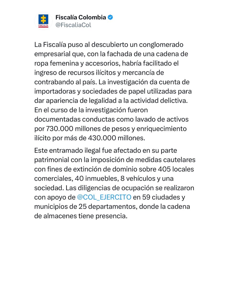 Korraleja's tweet image. 🔵 La #Fiscalía puso al descubierto un conglomerado empresarial que, con la #fachada de una cadena de #ropafemenina y accesorios, habría facilitado el ingreso de recursos #ilícitos y mercancía de #contrabando al país. 

La investigación da cuenta de importadoras y sociedades de