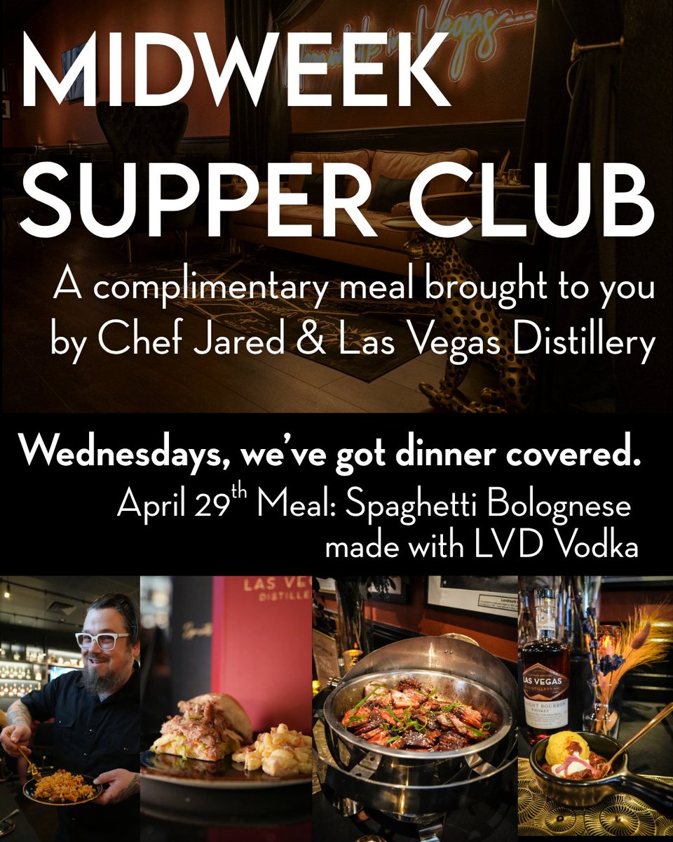 Join us for our complimentary, family-style Midweek Supper Club this Wednesday, April 29th. Chef Jared is serving Spaghetti Bolognese, slow-cooked pork and beef ragù with tomato, herbs, Grana Padano, tossed with spaghetti, and a touch of Las Vegas Distillery Vodka.