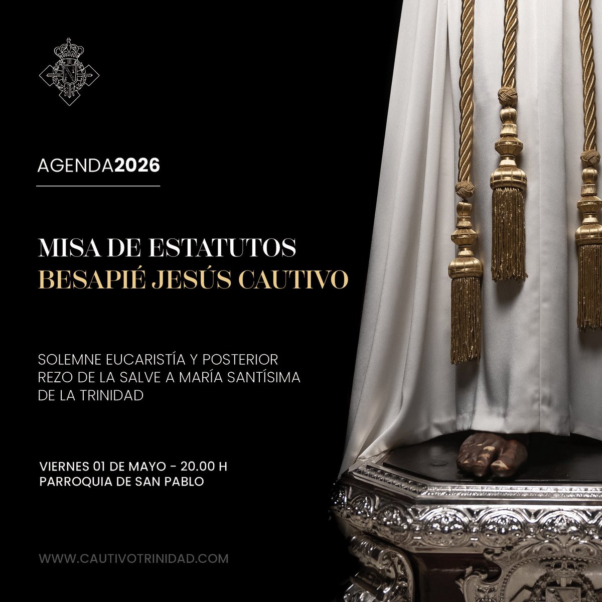 cautivotrinidad's tweet photo. AGENDA - La hermandad celebra el próximo viernes 1 de mayo solemne Misa de Estatutos a las 20.00 horas en la parroquia de San Pablo. A su término, se cantará la Salve a la Virgen de la Trinidad y Jesús Cautivo permanecerá expuesto en devoto besapié. #CofradíasMLG. https://t.co/7W4TbuLpVK