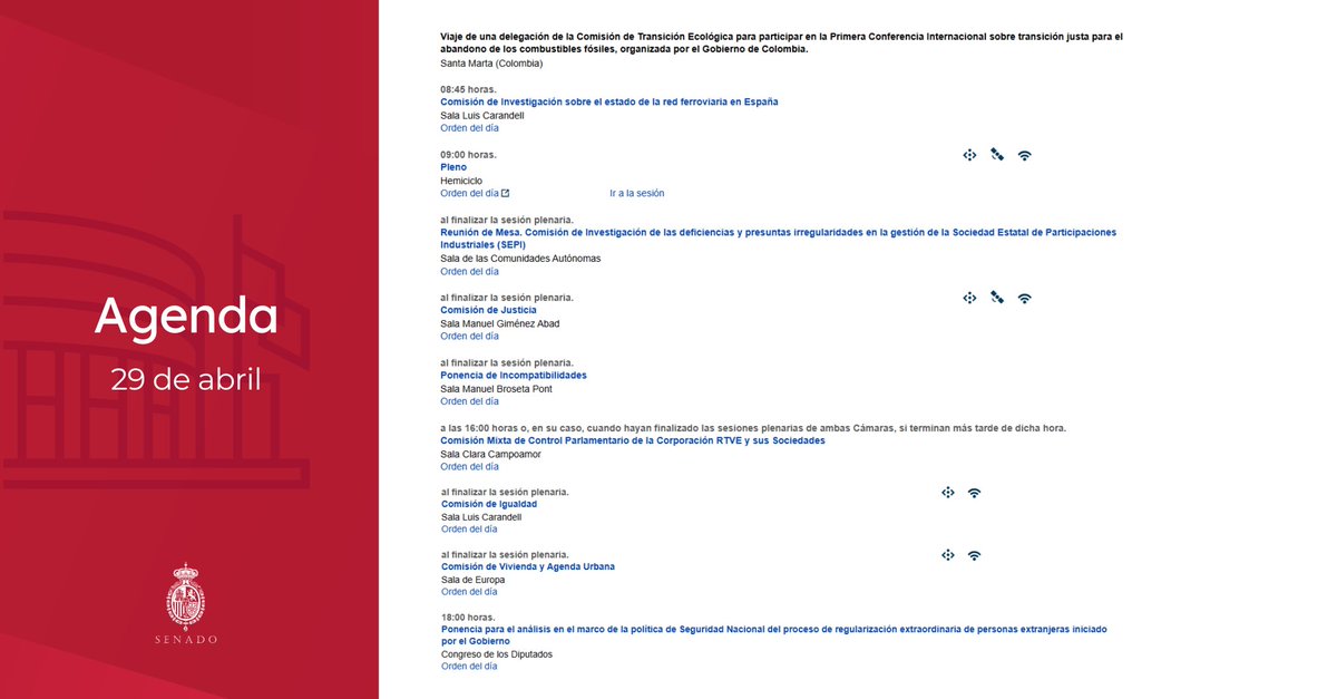 Senadoesp's tweet image. 👉 Agenda del #Senado para mañana #29Abril:
 
➡️ Pleno
➡️ Actividad de Comisiones
➡️ Actividad Institucional

📄 senado.es/web/actividadp…