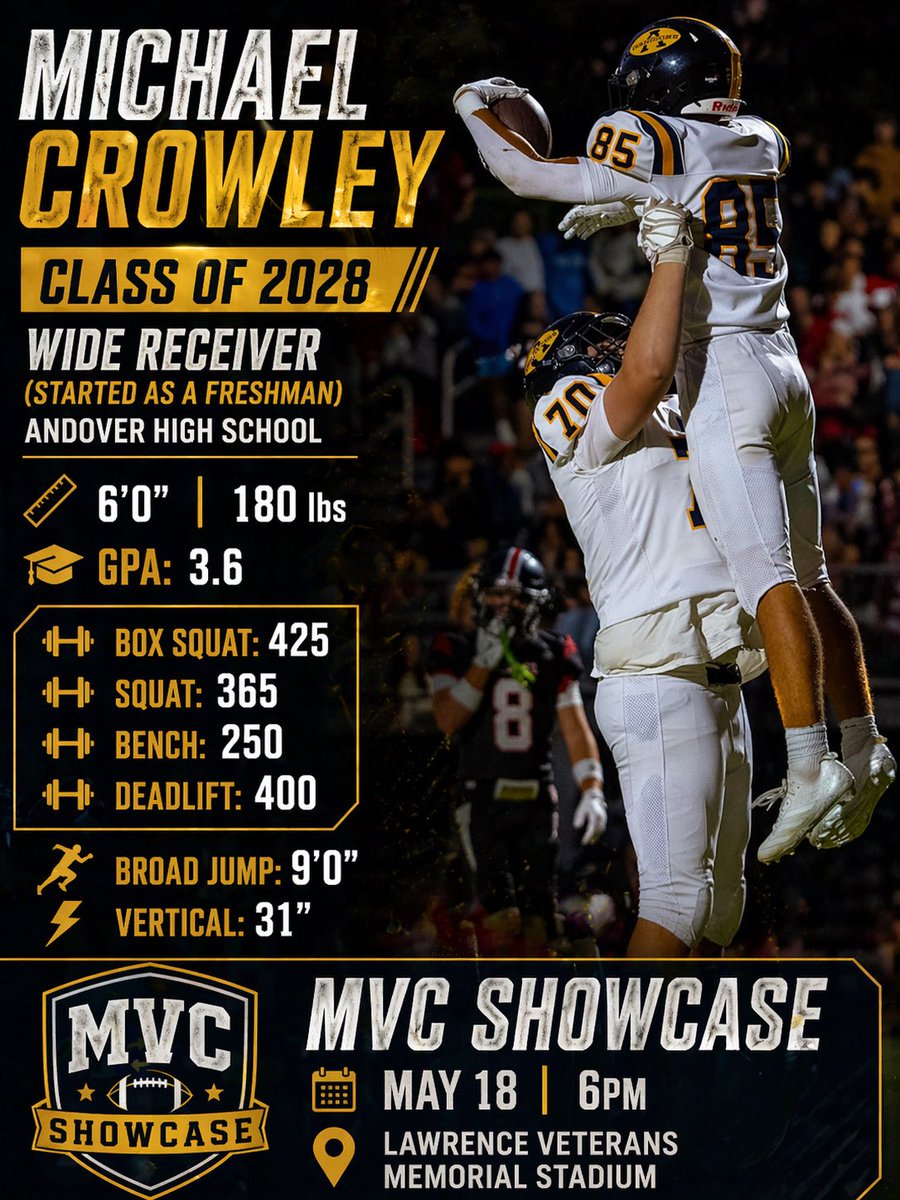 michaelcrow58's tweet photo. MVC Showcase 🏈 | May 18th | 6:30 PM
📍 Lawrence Veterans Memorial Stadium

Come watch my teammates and I compete as we represent Andover &amp; the MVC 💪🔥
DTN ⏳

@coachfielding @AlexAgrellaRB @ScoutingNE @newftbj @MassLiveHS @PRZNewEngland https://t.co/RRFz2mcsYN