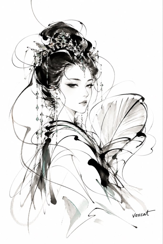 VoxcatAI's tweet photo. 最近在尝试一套「线墨人物」通用提示词。

它不限定二次元，也不限定古风，核心是用线和墨去重新组织人物：

线条负责流动、牵引和气势。  
淡墨负责层次、体积和呼吸。  
重墨负责压住视觉中心。  
留白负责让画面变空、变透。

人物不靠完整轮廓成立，而是从飞线、游丝线、回环线、拖笔线和少量墨痕中自然显形。

我想要的是一种介于写意速写和完成作品之间的状态：  
自由，但不散；  
抽象，但人物可辨；  
空灵，但有力量。
