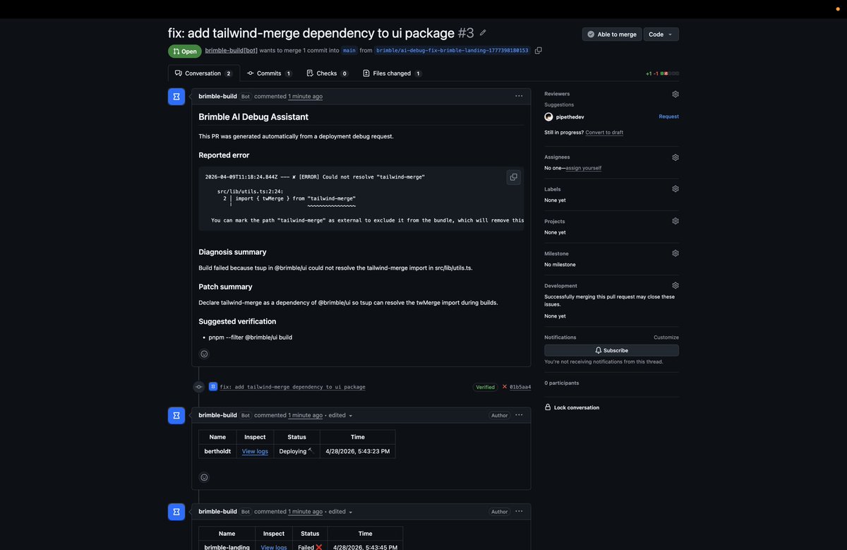 pipe_dev's tweet photo. One of my favourite @brimblehq flows: when a build fails, you can debug the logs and open a PR with the fix without ever leaving the dashboard. 
Saves a real amount of context-switching. https://t.co/bz3sobWoNc