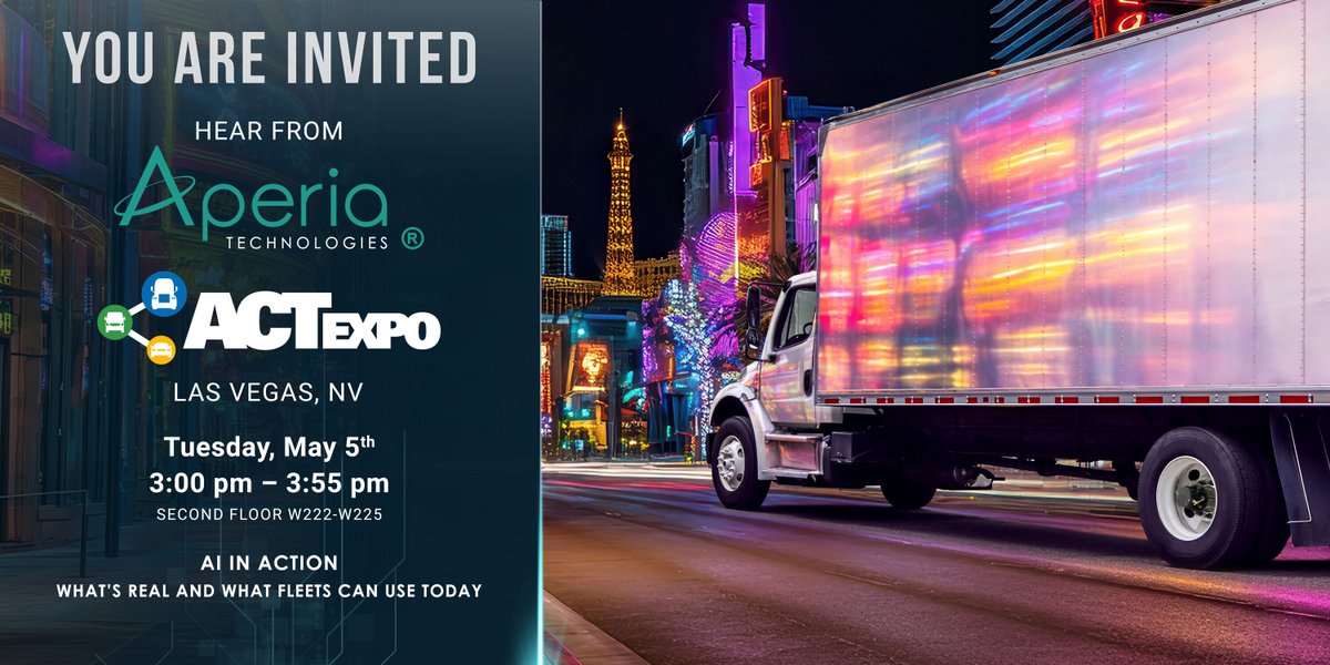 AperiaTech's tweet image. Cut through the AI hype.

Ralph Dimenna takes the stage at ACT Expo to share what fleets can actually use today, from data to real-world deployment.

📍 Las Vegas
🗓 May 5 | 3:00 to 3:55 PM

#ACTEXPO #FleetSafety #TruckingIndustry