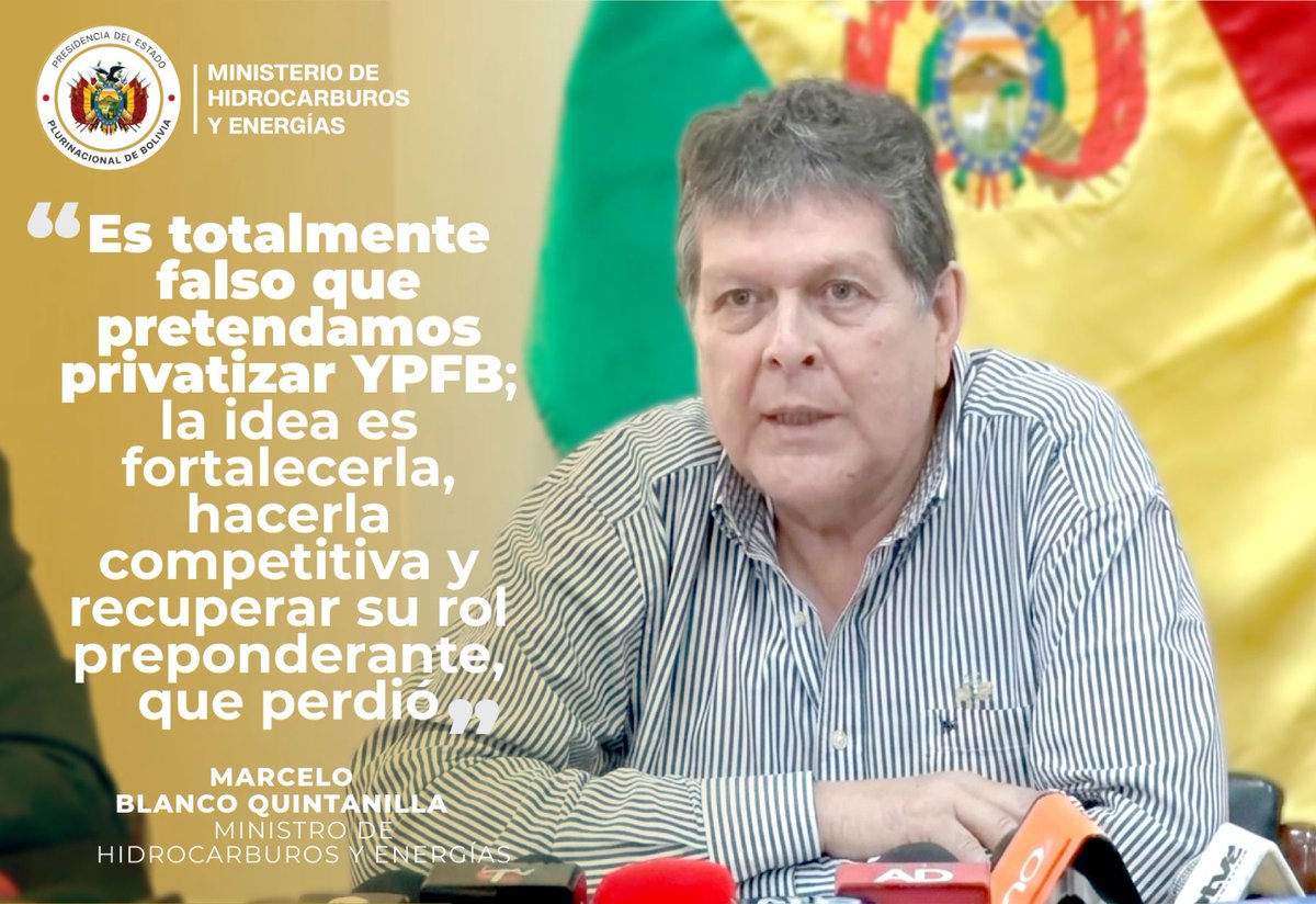 Bolivia_MHE's tweet photo. Ante los rumores, la respuesta es el trabajo. El Ministro Marcelo Blanco reafirma que la prioridad del Gobierno es devolverle a nuestra empresa estatal la fuerza y competitividad que el país necesita.

#SiempreBolivia https://t.co/yTOyAH600E