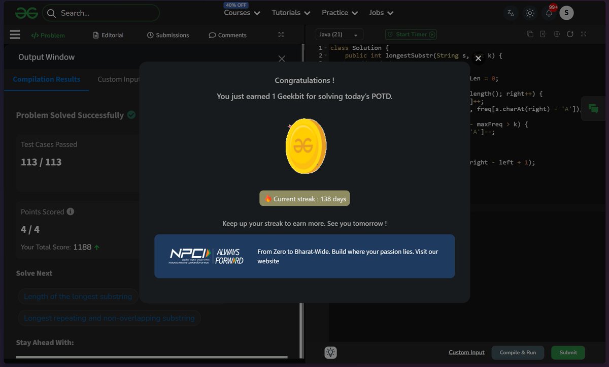 Iamsujal_111's tweet image. Day - 138✅
Solved GFG POTD -  Longest Repeating Character Replacement
#DSA #DSAGrind #ProblemSolving #GeeksforGeeks #CodingChallenge #POTD #POTDwithGFG #geekstreak60 #npci