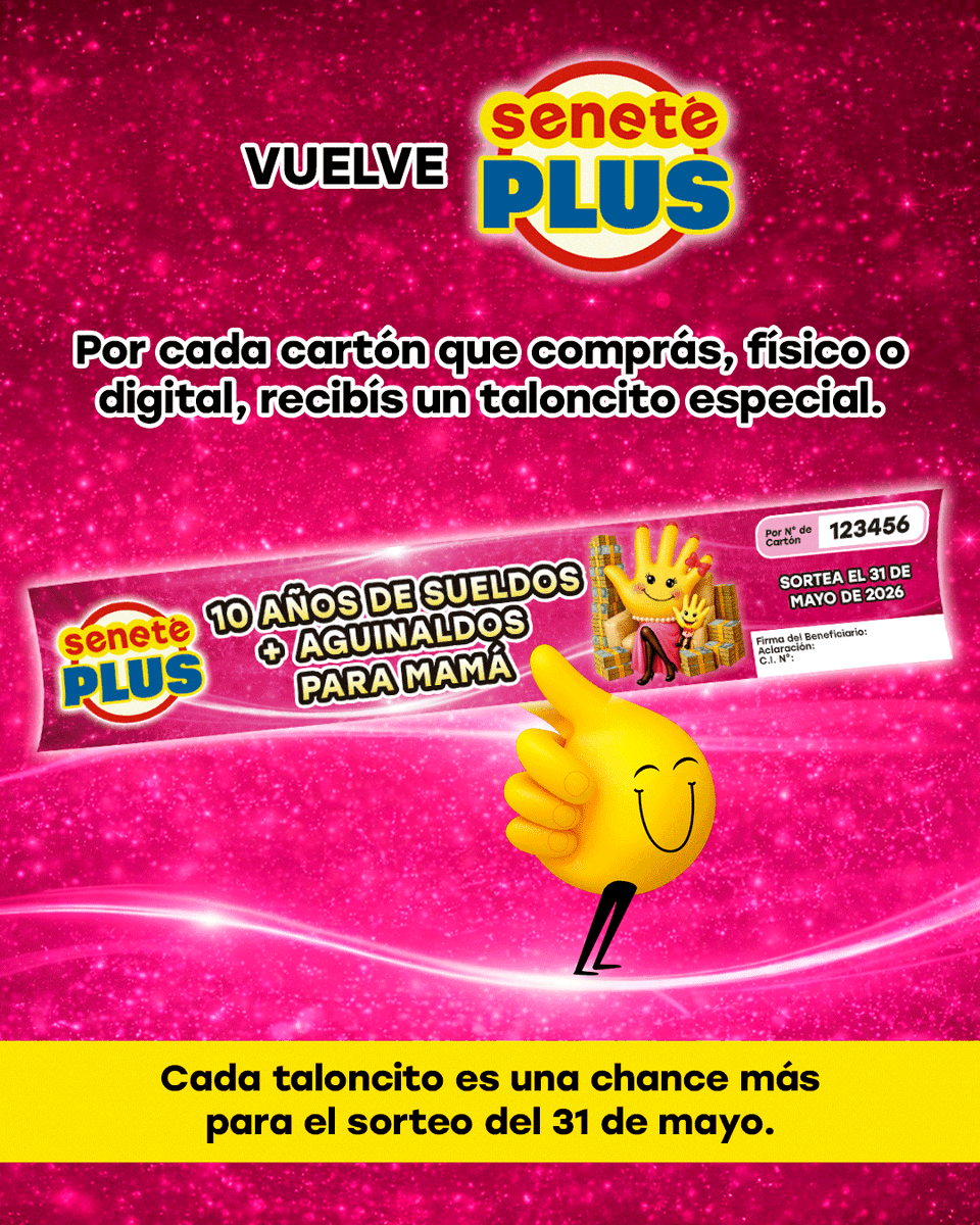 Senetepy's tweet photo. ¡Mayo con M de muuuchos millones para mamá! 💐💰

Volvió Seneté Plus 🎉

Durante todo mayo, por cada cartón que comprás —físico o digital— recibís un taloncito especial.

🎟️ Cada taloncito es una chance para ganar

✨ 10 años de sueldos + aguinaldos para mamá

Sorteo: 31 de mayo https://t.co/sqSBMG067g