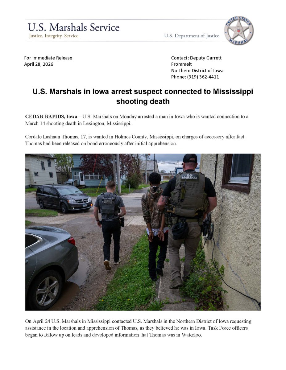 USMSCedarRapids's tweet photo. 🚨#FugitiveArrest🚨
Cordale Lashaun THOMAS
Warrant Issued: 04/24/2026 in Holmes County, MS
Charge: Accessory After Fact
Arrested: 04/27/2026 in Waterloo, IA

THOMAS will be held in Iowa until extradition back to Mississippi. 

See attached USMS Press Release.

#USMS #NIFTF https://t.co/6DTjKIESID