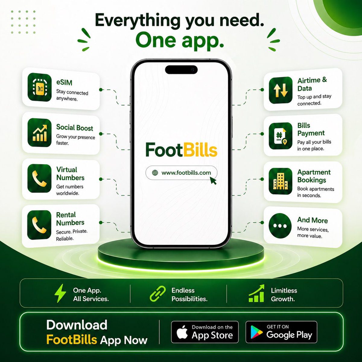 FootBillsHQ's tweet photo. Everything you need. One powerful app. 💚
From eSIMs to Virtual Numbers, Social Boost, Rental Numbers, Airtime, Bills & even Apartment Bookings, FootBills got you covered.
🚀 One app. Endless possibilities.
📲 Download now and experience convenience like never before.
#esims #sms #otp #luxuryapartments #bills #digitalservice #trending #footbills