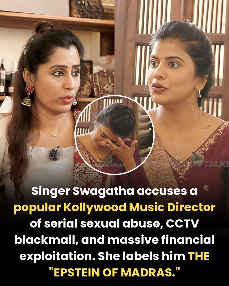 georgeviews's tweet photo. In a shocking 56-minute interview with Sivasankari Talks, Singer Swagatha S. Krishnan accuses a popular Kollywood Music Director of serial sexual abuse, CCTV blackmail, and total financial exploitation. 😲

Seven years ago, I left Chennai and moved to Rishikesh to run my fabric unit, Taarabaai. Nobody knew why I really left—except my family and closest friends. Today, I am speaking out.

I am a victim of sexual and financial abuse. The abuser is a popular Kollywood music director. It happened at his music studio. He is a serial abuser and a highly manipulative person. I was in a vulnerable state after a 9-year relationship broke up. He took control, introduced me to his family, and gave me hope when I didn't know how to process my pain.

I was in a good position financially, doing chorus compositions and mixing. He stopped my payments. I didn't even get 10% of what I earned. He kept saying he was in debt and brainwashed me into giving him huge sums of money, promising to repay with interest. I now understand that he, his wife, and his family did this together.

Seven years ago, something chilling happened. My body shakes now just talking about it. In his soundproof music studio, he violated my body by force. He recorded everything on CCTV and blackmailed me, saying he would show the footage to his friends.
His studio has lots of secret cameras. He records many girls including kids, and watches like a voyeur. He is the "Epstein of Madras." He even tried to justify his actions using God and prayers. It is sick. 🤢

When I tried to confront him, he shamed me and assassinated my character. He even manipulated his own wife. I was a small girl and he was a powerful man. I sought advice from high-profile officers and advocates, but I was too scared to file an FIR. I felt suffocated in Chennai, so I came to Rishikesh to heal where I became an entrepreneur and teaching handloom to women who are also the victims of sexual abuse.

Recently, a girl messaged me on Instagram. She revealed the exact same pattern of abuse happened to her with him. I spoke to her for an hour to save her. I suspect his wife pretends to be innocent while knowing everything.

Music directors like GVP, Ghibran, Imman, and Anirudh are true professionals. This man is just cheap trash. After I quit working with him, he came to my home and fell at my feet, begging for an apology because he was scared I would reveal the truth. 

My sister Maya (Bigg Boss fame) is the one who recovered me. I don't want to face him or speak to him ever. I will only speak legally. The industry must stop glorifying and awarding this man. Now I am a strong girl, and one day, I will name him. No other girl should ever fall into this trap.