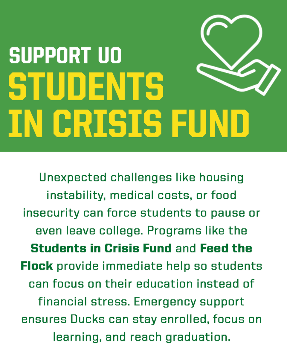 UOGiving's tweet photo. Donor support helps students overcome challenges and stay on track to graduate. 

Through the Students in Crisis Fund and Feed the Flock, emergency aid provides housing, food, and essential support when it matters most. 

🦆 Learn more &amp; help Ducks thrive: https://t.co/v1dc0zfaJb https://t.co/8RRxHofMST