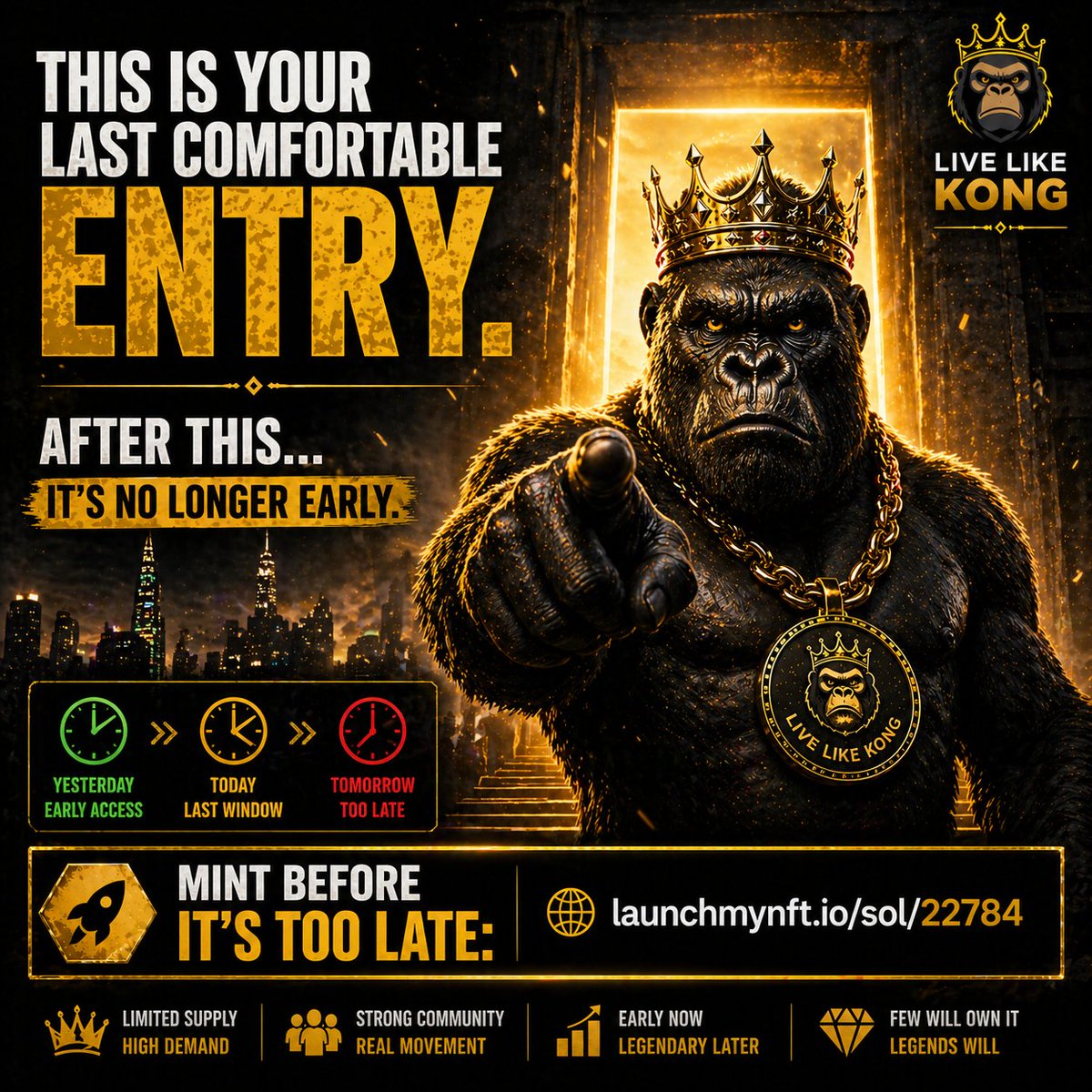 NFT2BC's tweet photo. This is your last comfortable entry.
After this…
 it’s no longer early.
LIVE LIKE KONG 🦍
👉 Mint before it’s too late:
 https://t.co/C87DK7ybs3
#NFTlaunch #Web3Community https://t.co/6QlcHpch4Y