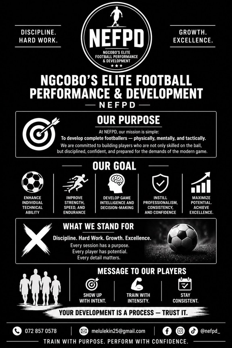 melulekingcobo_'s tweet image. Introducing NEFPD. Coach Ngcobo’s Elite Football Performance and Development Clinic. #Elitetraining #Footballtraining #Trainwithintention #loveofthegame