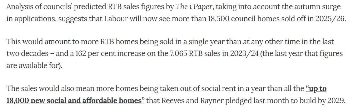 TheMurkyDepths's tweet photo. Over this Parliament more council homes will be sold than built as Labour gave advance notice of changes leading to a surge in applications.

PR push today doesn't make up for it.

As seen in The i paper. Most council sales for 20 yrs in 25/26. Who expected that at '24 election? https://t.co/VNFcQ9DOtV