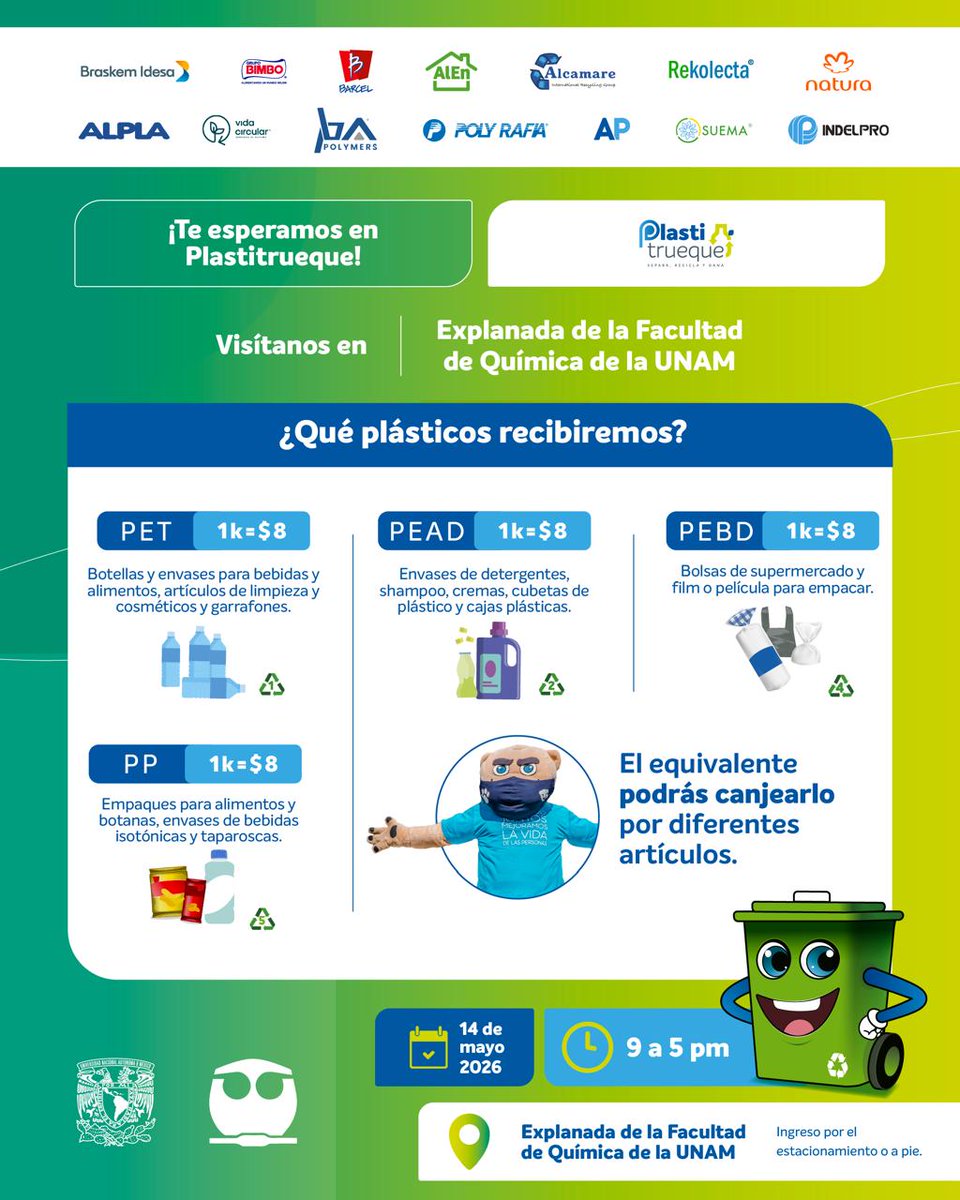 UNAM_MX's tweet photo. ¿Residuos plásticos? Llévalos al #Plastitrueque2026 ♻️ de @quimica_unam. Podrás canjearlos por diversos artículos 👇. https://t.co/Mtq1qPJdkH