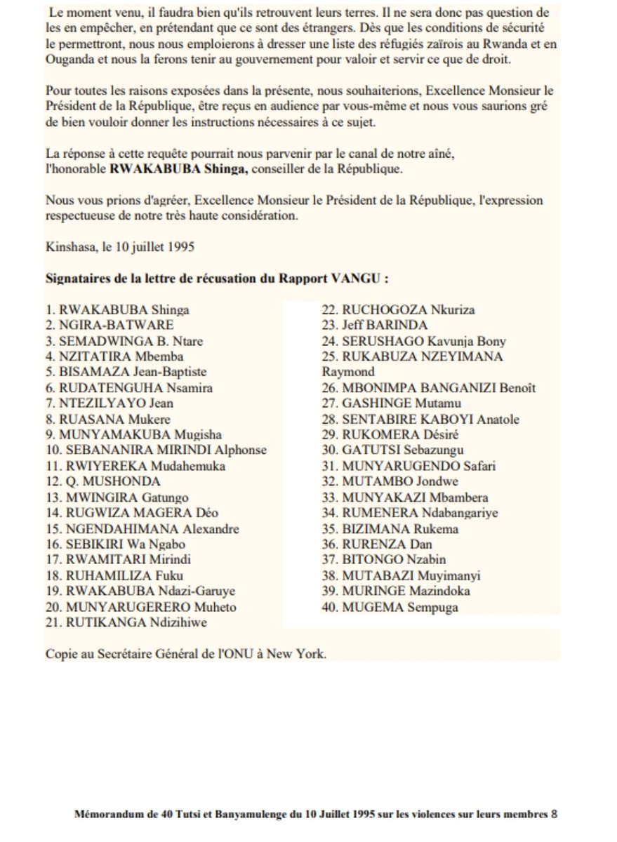 IsokoUSA's tweet photo. #Notre #histoire #Commisson #Vangu 1994 et notre mémorandum adressée au Maréchal Mobutu le 10 Juillet 1995 sur l'apatridie des Tutsi et Banyamulenge.

Merci beaucoup @benbabunga pour ce rappel historique aux conséquences sur notre pay le Zaïre, la RDC depuis 1997.
En tant que signataire de ce mémorandum, avec les aînés comme feu Honorable Papa Cyprien Rwakabuba, dans le dernier paragraphe, nous avions prévenu que nos enfants "rentrerons un jour et que personne ne se permettrait de les accuser d'être des étrangers à confondre avec leurs cousins rwandais".

31 après, les mêmes produisant les mêmes effets, nous sommes toujours à la case de départ comme en Avril 1995.
Sans un leadership avec une vision de rassembler tous les congolais dans leur diversité, nous avons encore un long chemin. @AlexMvuka
@onduhungirehe @DougGasore @MahoroMpa @ineza_canada @ineza_canada @EuropeIsoko