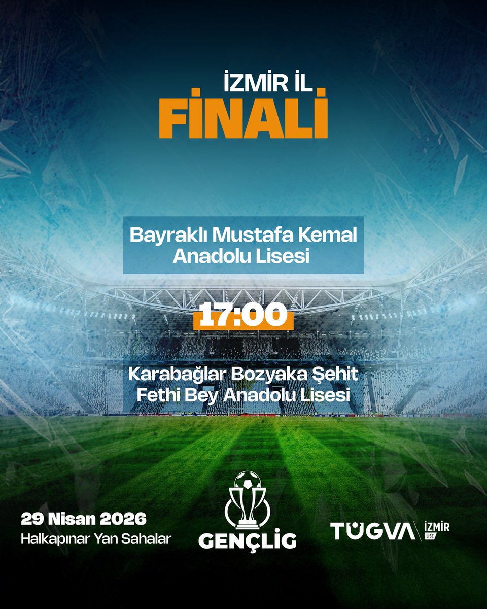 TÜGVA İzmir GençLig Futbol Turnuvalarında 152 takımın mücadelesi finalle taçlanıyor! 

İzmir İl Finali, Bayraklı Mustafa Kemal Anadolu Lisesi ile Karabağlar Bozyaka Şehit Fethi Bey Anadolu Lisesi arasında oynanacak.

Finalistlere başarılar diliyoruz!