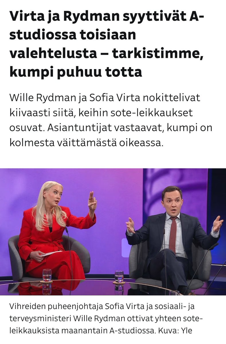 Kumpi valehteli eilisessä A-studiossa, Sofia Virta vai ministeri Wille Rydman? Yle käyttänyt valheellisuuden tarkistajana STEA-avustuksin pyörivän lobbarijärjestö Soste ry:n pääsihteeriä, demariaktivisti Vertti Kiukasta🤦‍♀️🤦‍♀️🤦‍♀️
Ei jumakekka😳😂
yle.fi/a/74-20223042