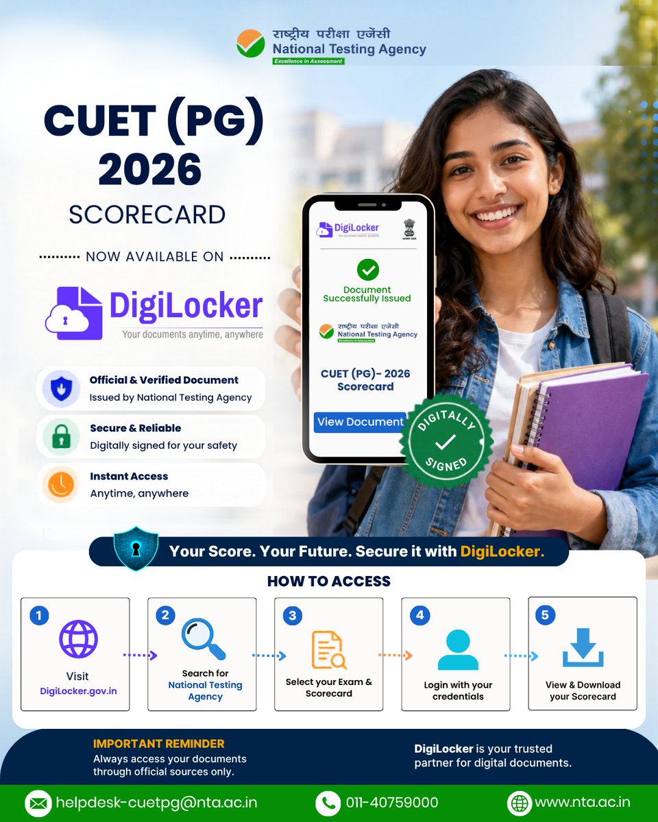 deepanand90's tweet photo. Your CUET PG 2026 scorecard is now available on DigiLocker.
Log in and check your score easily, anytime and from anywhere.
Stay calm and keep moving forward with your next steps.

Download here: https://t.co/UsreuWzM30

#NTA #NTAUpdate #NTAExams #JEEMain2026 #Scorecard https://t.co/N3BeZtGLio