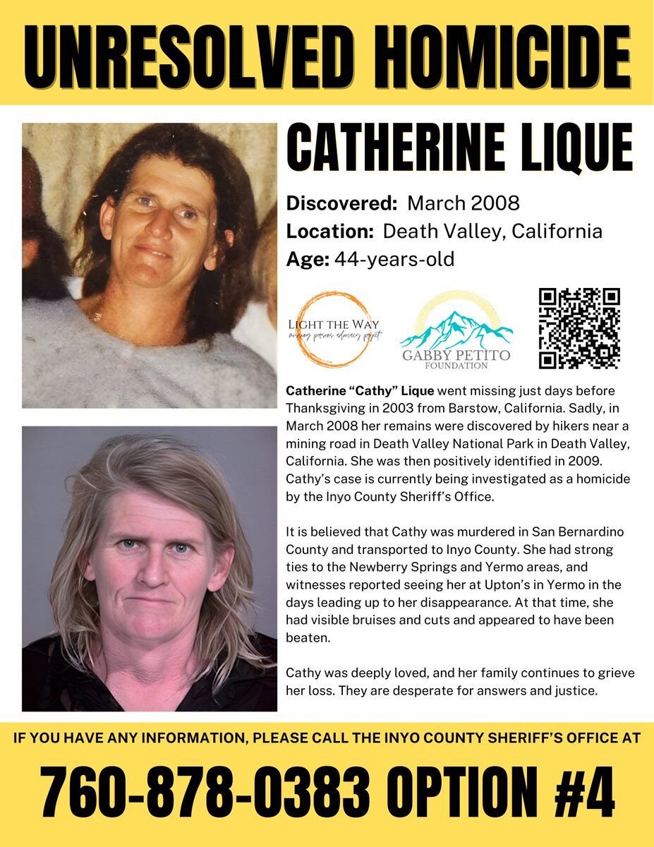 LightTheWay22's tweet image. Catherine “Cathy” Lique disappeared days before Thanksgiving 2003 from Barstow, #California. In 2008, her remains were found near a mining road in Death Valley and identified in 2009. Her case is currently being investigated as a homicide. Her family continues to seek answers.