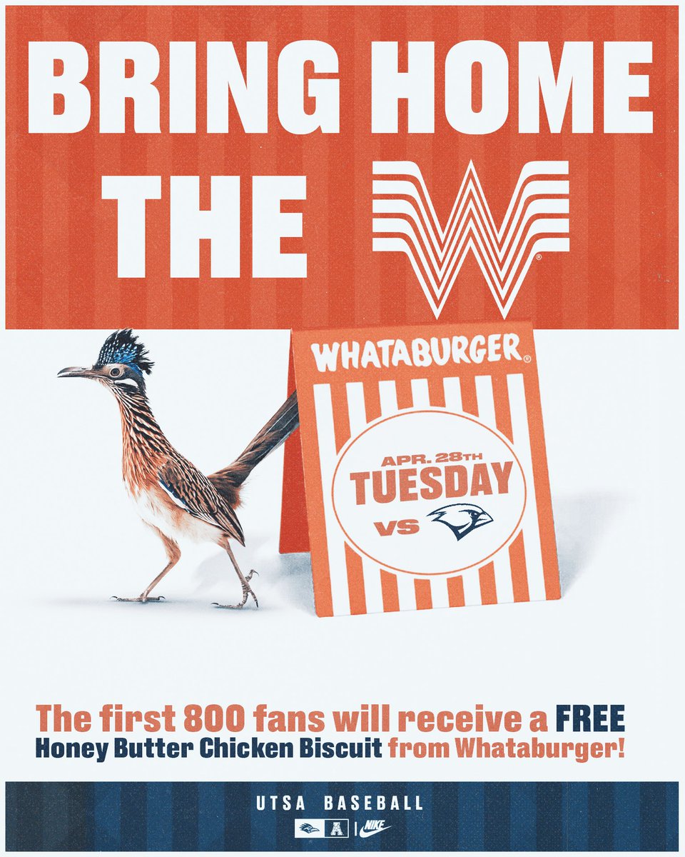 UTSAAthletics's tweet image. The first 800 fans to tonight’s @UTSABSB game will receive a coupon for a free @Whataburger Honey Butter Chicken Biscuit. 

🎟️ utsa.pro/4edWO0C

#BirdsUp 🤙 #LetsGo210