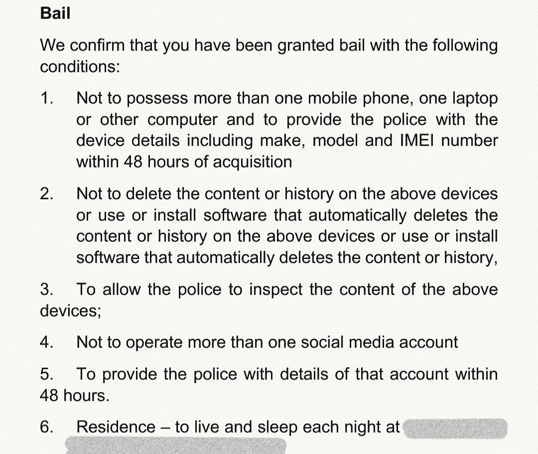 doctor_rahmeh's tweet image. I am a doctor. A Palestinian. A British citizen.

These are my bail conditions—for tweets:

1. One phone. One laptop.
2. No deleting history.
3. Police can inspect devices anytime.
4. One social media account.
5. A home curfew.

My legal team has challenged these restrictions.
