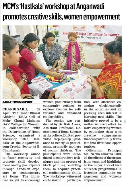 MCMDAVCW's tweet image. UBA Cell of @MCMDAVCW, in collaboration with Dept of Home Science, held workshop ‘Hastkala’ at the Anganwadi-cum-Creche, Sector 42 B, Chandigarh, by Dr. Rati Arora, Assistant Professor, Department of Home Science at the college.
Post Courtesy: Department of #MassCommunication
