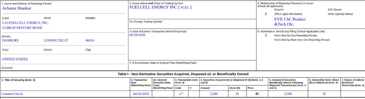 $FCEL started its recent run on 4/20. Since then, there have been 3 Form 4 filings. Out of those 3 individuals who filed, only 1 sold RSUs to cover tax obligations. The other 2 individual insiders held their vested RSUs.

Small amounts and maybe immaterial, but worth noting.