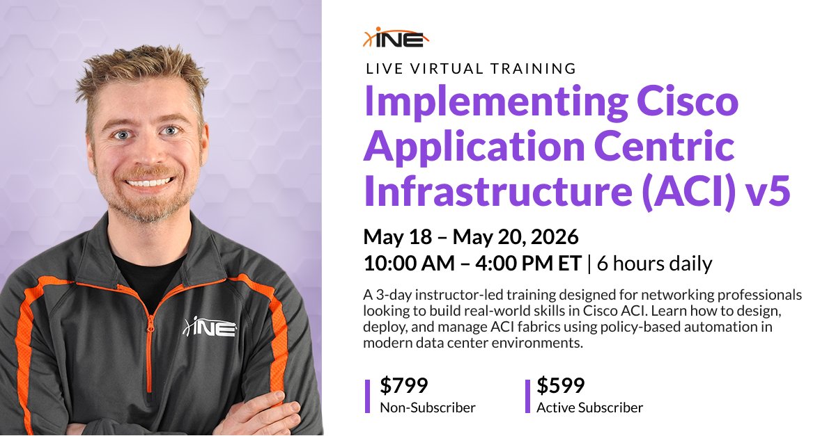 SecurityTube's tweet image. 🔷 Implementing Cisco ACI Training

Learn to design, deploy, and troubleshoot ACI in a hands on environment.

Led by Brian McGahan, 4x CCIE and INE co founder with 20+ years experience.

May 18–20 | 10 AM–4 PM ET

bit.ly/4tZSy9m

#Networking #Cisco #DataCenter
