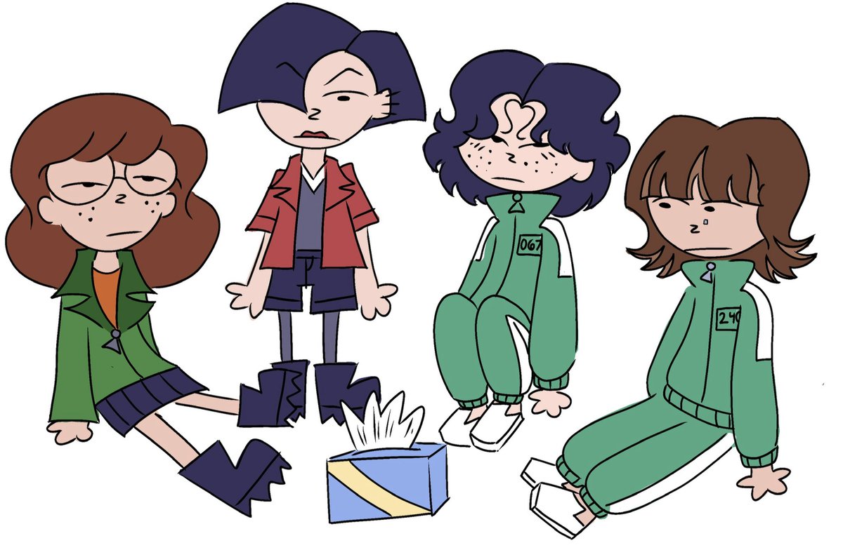NeonFlesh_'s tweet photo. I made Daria, Jane, Ji-yeong, and Sae-byeok live in one house in tomadachi life and I caught them circling around a box of tissues and talking. I couldn’t get a screen shot so this is my recreation of this scene. https://t.co/eLo4C2iHFF