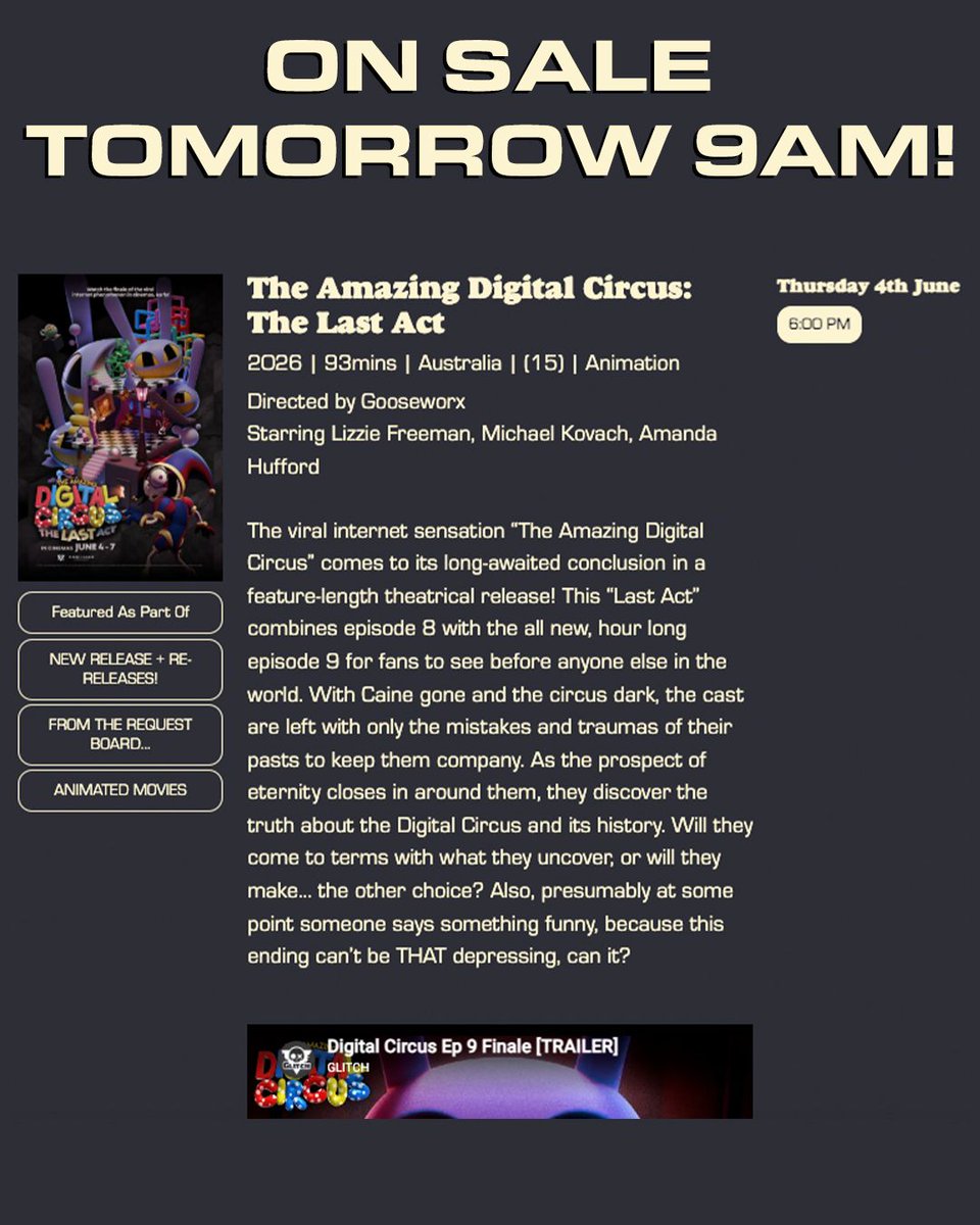 ThePCCLondon's tweet photo. IT’S HAPPENING! 🎪  THE AMAZING DIGITAL CIRCUS: THE LAST ACT will be shown on the PCC’s biggest screen Thu 4th June at 6:00pm!

Tickets go on sale TOMORROW at 9:00am sharp - be ready on your laptops and phones, these won’t hang around. 

🎟️: https://t.co/4yg73tcUwv https://t.co/c5SQLXqRNB